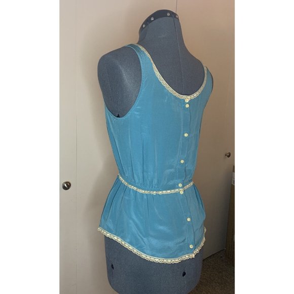 Vintage QS Silk Tank Peacock Blue Gray Lace Trim & Buttons Sleeveless Top Size S - Picture 4 of 12